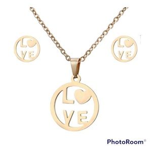 Gold Stainless Steel LOVE Necklace and Earrings